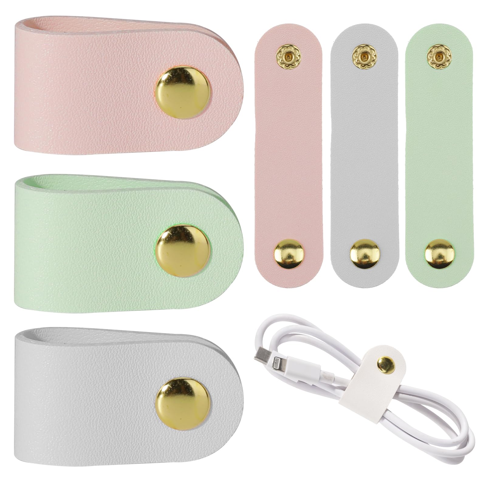 6Pcs Leather Cord Organizer Reusable Cable Straps Pu Leather Cable Organizer Phone Cord Ties Charging Cord Power Cord Headphone